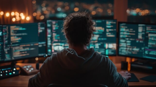 A person works late at night coding on multiple monitors in a dimly lit room filled with programming and development screens.