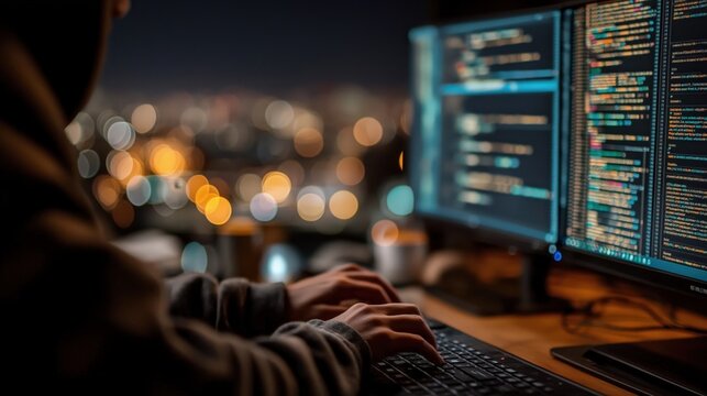 A person in a dark room types code on a keyboard, with multiple monitors displaying programming scripts and blurred city lights in the background.