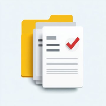 Document management system with file icon and checkmark approval, paperless office workflow, minimal UI design