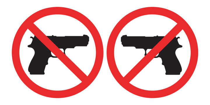 No guns allowed signs with red circle and line gun free zone, firearm prohibition symbol