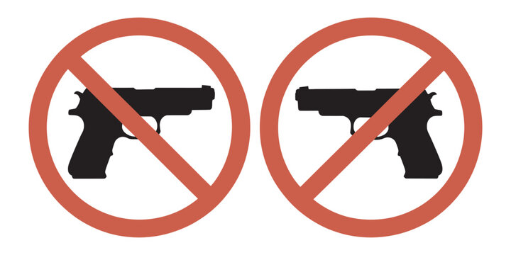 No guns allowed signs with red circle and line gun free zone, firearm prohibition symbol