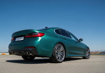 Naklejka premium Modern green sedan sits on a race track under a clear blue sky.
