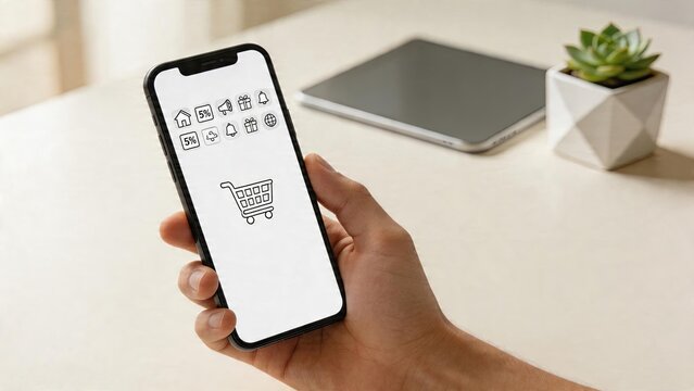 close up of hand holding mobile phone with shopping app icons displayed on screen online retail ecommerce application interface digital marketing concept