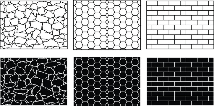 Set of stone brick and honeycomb pattern textures in black and white