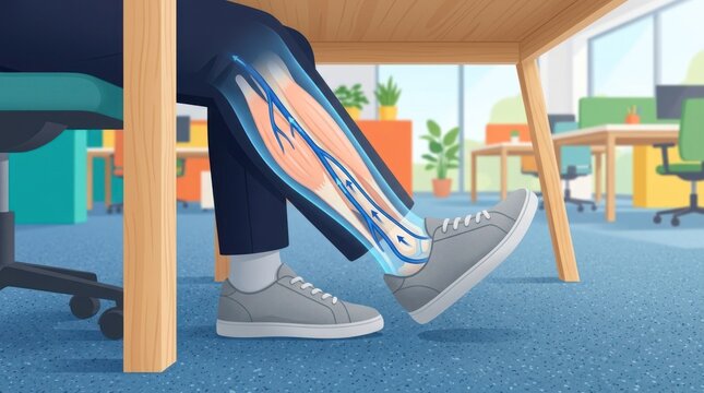 An adult office worker performs leg exercises under a desk to improve blood circulation in his veins during a long work day.