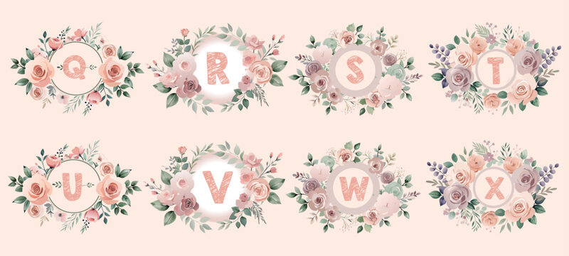 Alphabet floral wreaths with pink letters