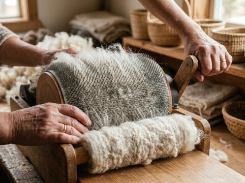 Indigenous fiber artist using hand-cranked drum carder to prepare wool for spinning in workshop