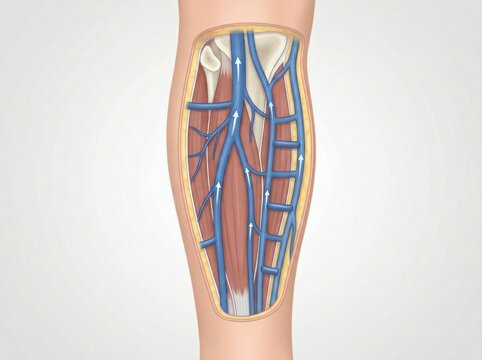 Calf cross section venous system anatomical illustration shows blood flow in a human leg with fair skin and visible muscles.