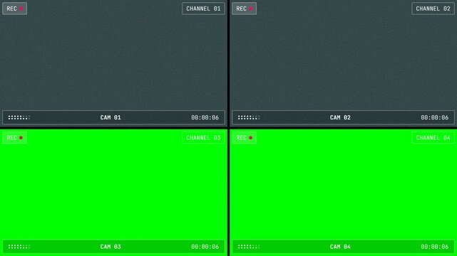 CCTV Security Camera Quad Split Screen Interface with Chroma Key Green and Grainy Video Feed Recording