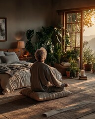 Obraz premium A person meditates on a cushion in a cozy, plant-filled bedroom bathed in warm natural light from a large window.