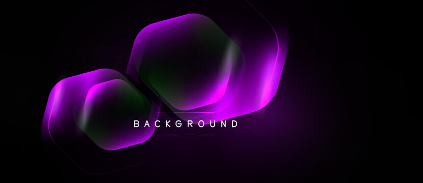 Dark abstract background features glowing hexagonal shapes. Purple, green hues create dynamic visual effect. Minimalist design.