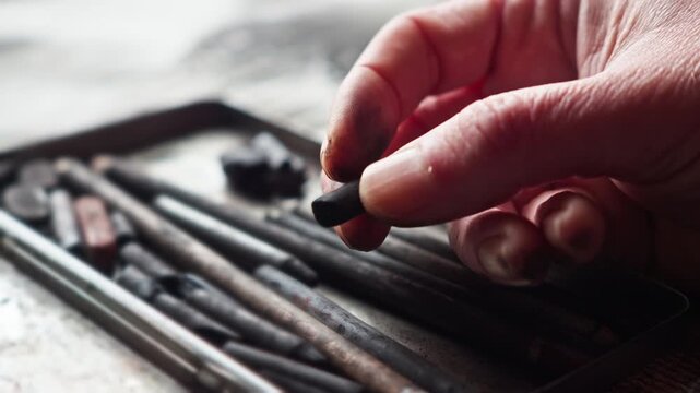 Macro close-up of an artist thoughtfully rolling charcoal between fingers, conveying contemplation and creative decision-making. Perfect for themes of focus, ideation, and artistic tension.