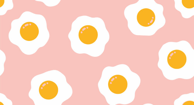 Seamless pattern of fried eggs on a pastel pink background, cute breakfast food illustration, simple cartoon style, cheerful and bright graphic design for kitchen decor and textiles.