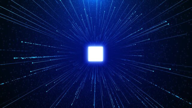 Blue data burst technology glowing square core, binary numbers, radial lines, digital speed. AI videos, cyber security intros, software promos, data transfer, cloud systems, and futuristic overlays.