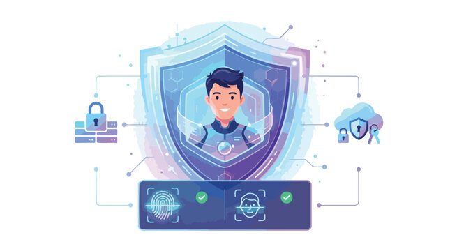 Digital security concept with a man's face and fingerprint scan for data protection and identity verification in a futuristic shield and cloud system