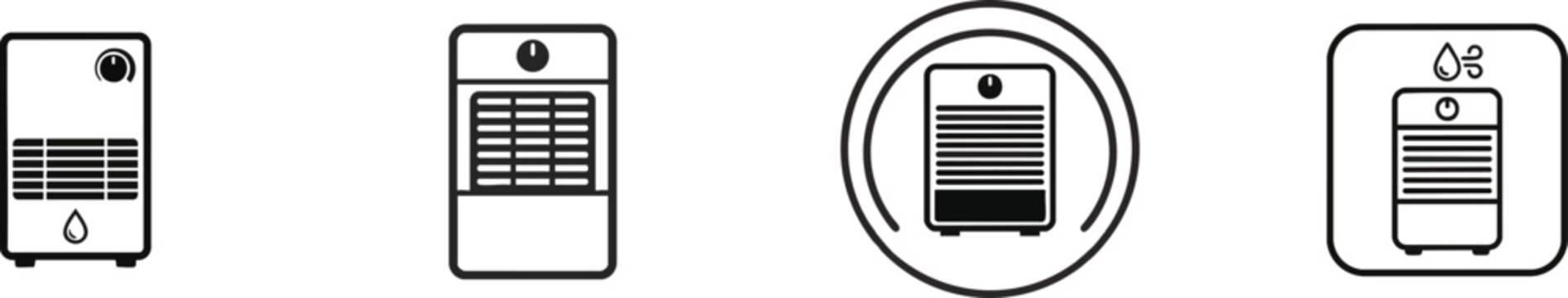 Black and white graphic icon of a dehumidifier room appliance with a front grille and control knob, representing home appliances or climate control, vector set isolated on white