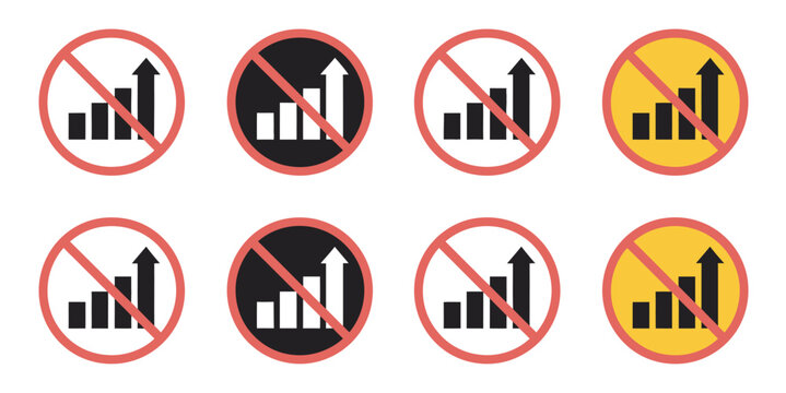 No growth chart icon, prohibition symbol over upward trend graph, financial decline indicator, investment restriction sign, business data decrease concept, red circle and line warning, clean vector il