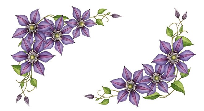 Purple clematis flower corner border isolated on a white background