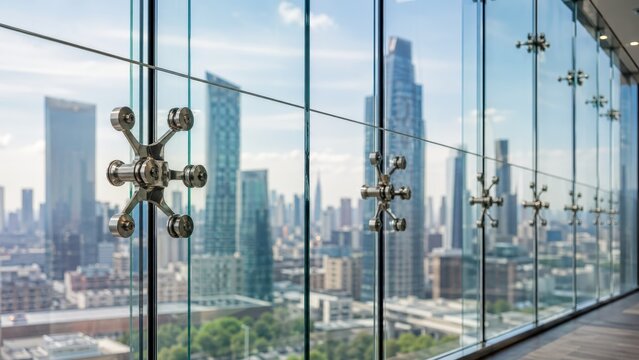 Glass wall with metal spider fittings overlooking city.