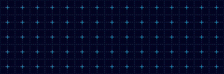 Dark navy grid with glowing cyan crosses and dotted lines, futuristic technology background, digital matrix style pattern, sci fi interface texture, modern abstract network, high contrast design © SpainArts