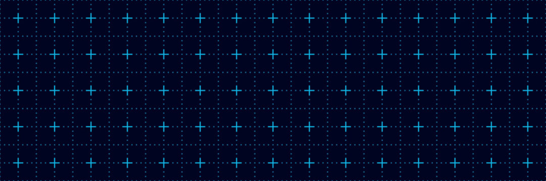 Dark navy grid with glowing cyan crosses and dotted lines, futuristic technology background, digital matrix style pattern, sci fi interface texture, modern abstract network, high contrast design