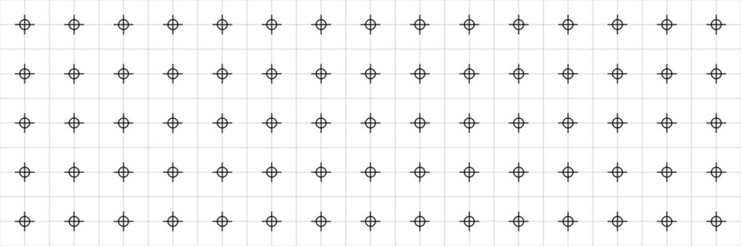 Precise calibration grid with circular target crosshair symbols on light grey background, seamless pattern for measurement, alignment, engineering drafting, technical blueprint or targeting interface