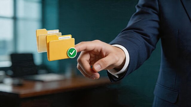 Businessman selecting digital file folders with green checkmark approving data management cloud storage solutions verifying documents for security and efficiency in modern office