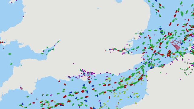 English Channel. Detailed digital map of ship tracking data and maritime traffic in the English Channel, global trade routes, oil tanker logistics, energy distribution, geopolitical