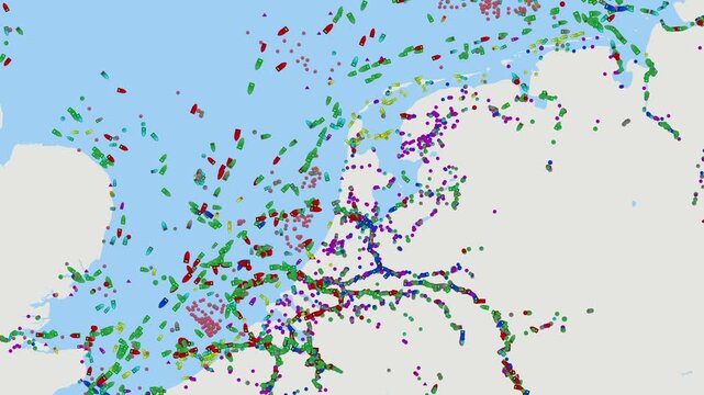 Port of Rotterdam, North Sea. Detailed digital map of ship tracking data and maritime traffic in the North Sea, global trade routes, oil tanker logistics, energy distribution, geopolitical