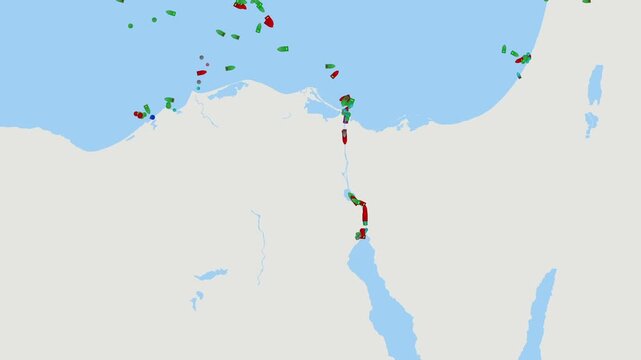 Suez Canal. Detailed digital map of ship tracking data and maritime traffic in the Suez Canal, global trade routes, oil tanker logistics, energy distribution, geopolitical
