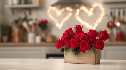 Obraz premium valentine's day concept, red roses bouquet in wooden box on white table with blurred kitchen interior background and heart shaped lights. valentine day decoration for home or office space