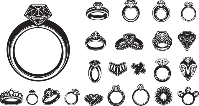 Diamond engagement rings and jewelry icons with precious sto