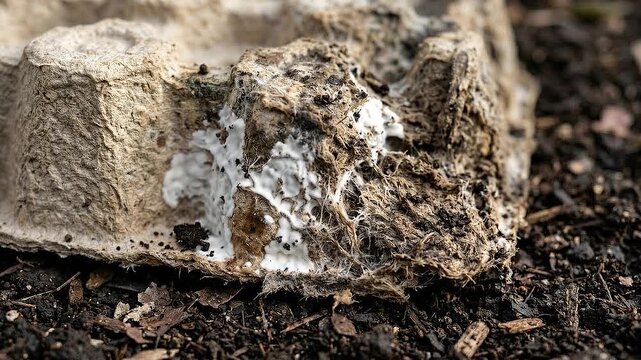 Biodegradable materials concept mushroom mycelium decomposing egg carton soil organic recycling natural texture growth fungi fibers compostable