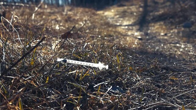 Used hypodermic needle discarded in dry grass on a sunny day, symbolizing drug addiction, substance abuse, and the public health crisis surrounding intravenous drug use and pollution