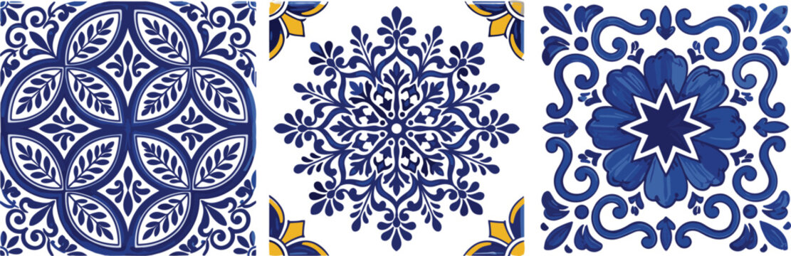 Set, of, blue, and, white, traditional, Portuguese, azulejo, ceramic, tile, patterns, with, intricate, floral, and, geometric, ornaments, isolated, on, white.