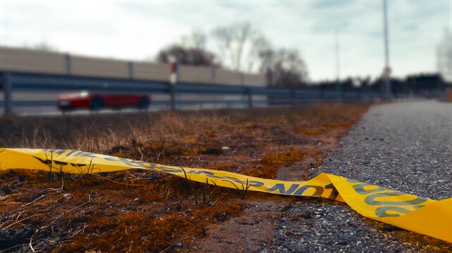 Dramatic close up of yellow police tape with the text Crime Scene Do Not Cross lying on the ground next to a busy highway, marking off an area of investigation for a serious incident