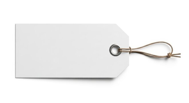 Blank white paper tag hangs by a thin string against a clean background.