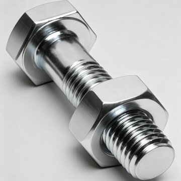 Shiny Stainless-Steel Bolt and Hex Nut Macro Close Up on Gray Background