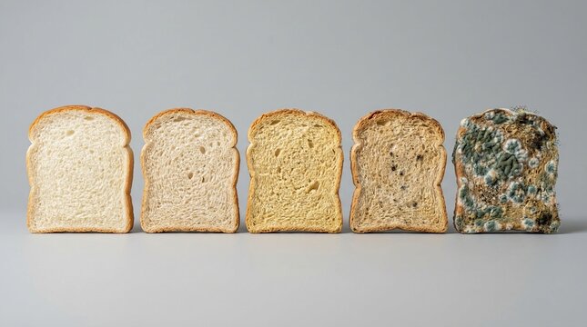 Progression of bread mold from fresh to spoiled, food spoilage and decay concept