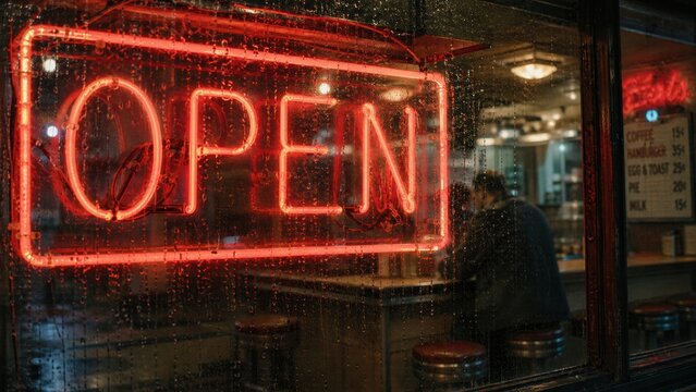 Neon red open sign glowing through rain-streaked window.