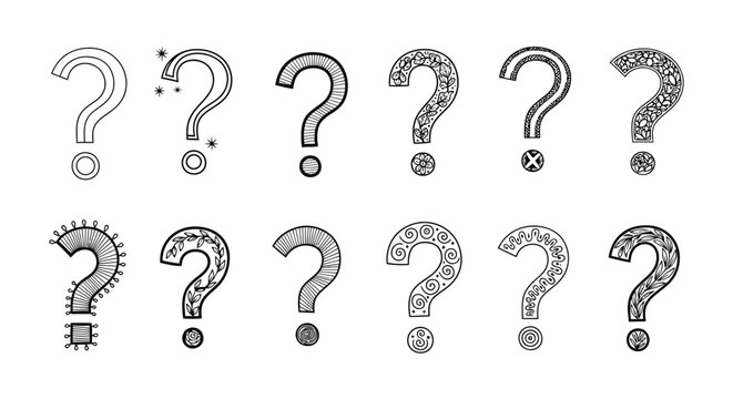 Collection of ornate question mark icons with decorative details, hand drawn