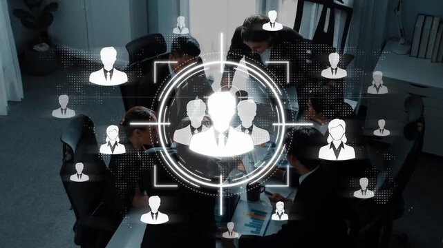 Business Team Collaboration with Digital Connections and Network Visualization in Modern Office Setting Sigmoid