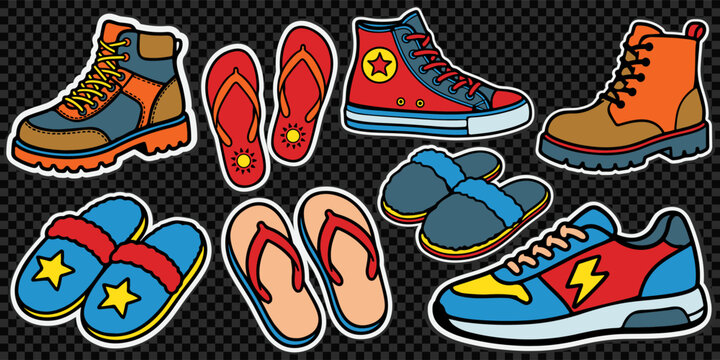Pop art sticker set with footwear and shoes. Colorful vector icons of boots, sneakers, flip-flops and slippers isolated on transparent background.