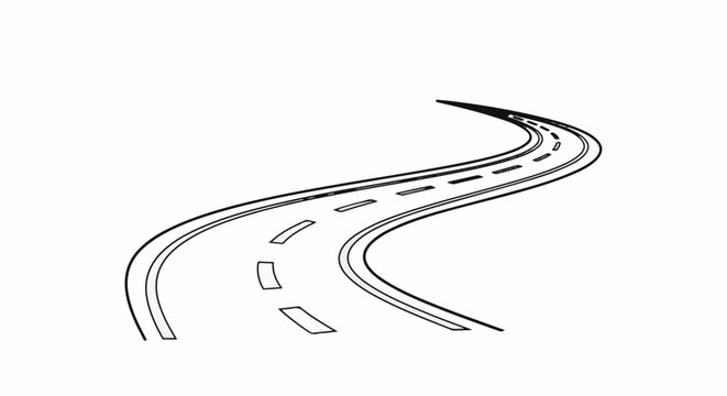 A black and white illustration of a winding road with dashed lines