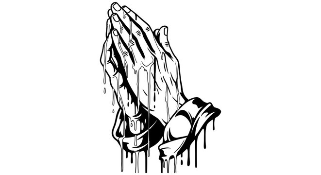Praying hands drip illustration with hand gesture hand drawn black and white