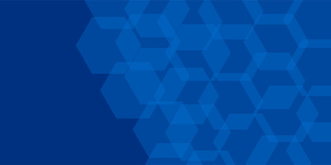 Fototapeta premium Modern blue background with transparent overlapping hexagonal geometric patterns. This futuristic tech-inspired design is perfect for corporate banners, digital presentations, and web backdrops.