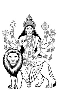 Goddess Durga sitting on lion with multiple arms illustration