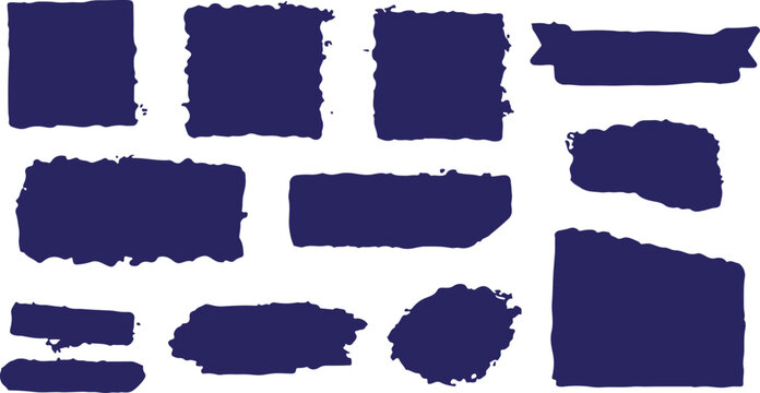 A collection of deep navy blue brush strokes and rough-edged rectangular frames with a torn paper effect isolated on white background. 