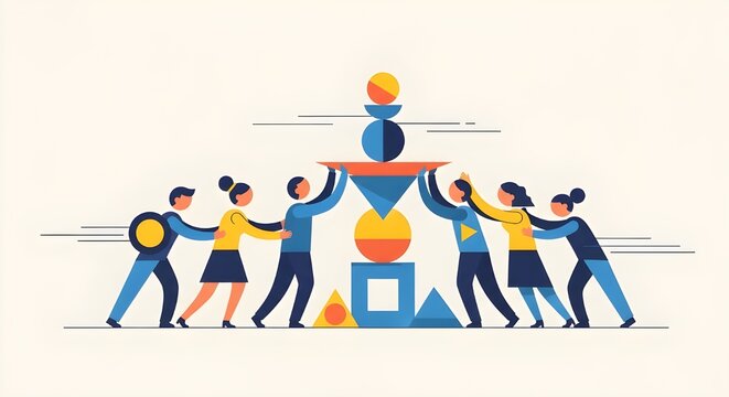 Diverse business team building a stack of colorful shapes