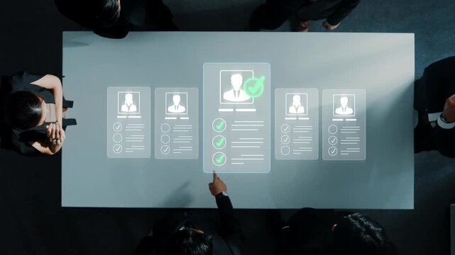 Business team analyzing candidate profiles with digital interfaces during recruitment meeting in modern office setting for hiring process improvement Sigmoid